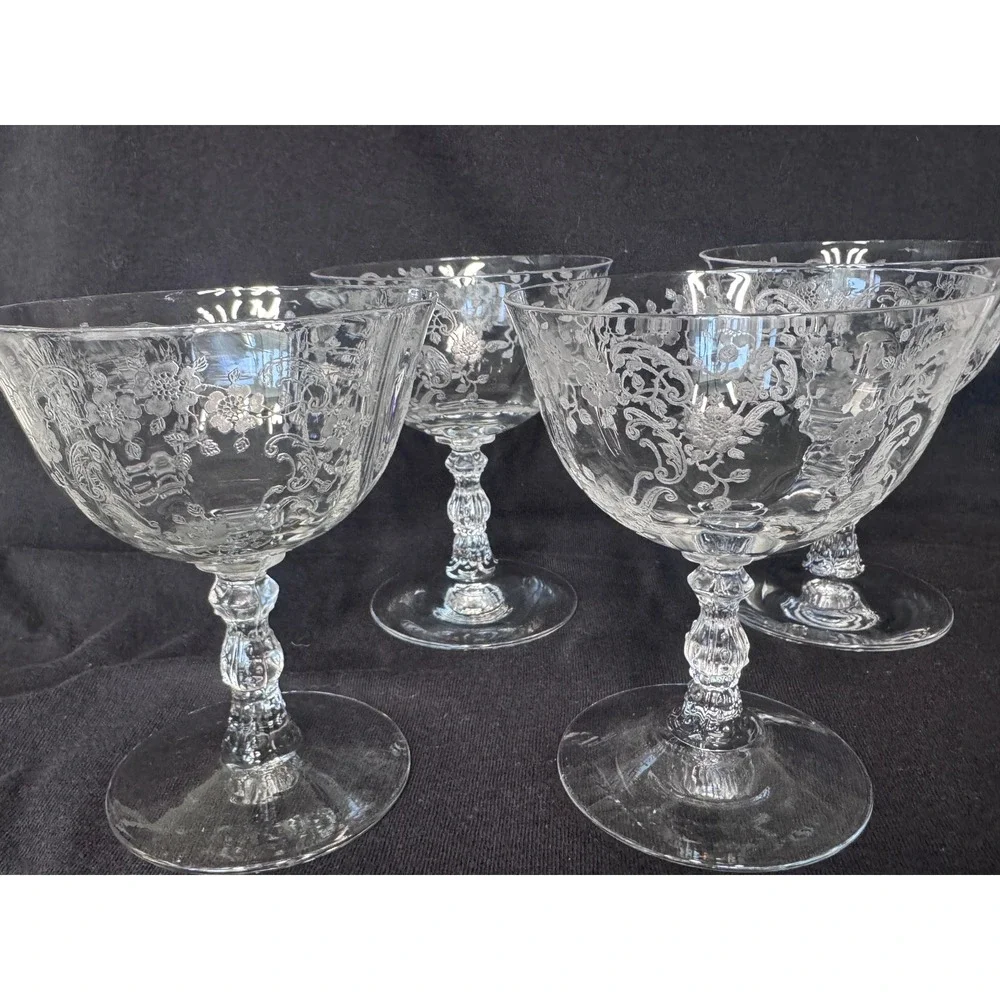 Vintage Etched Crystal Champagne Coupes Set of 4 Floral Scroll Cocktail Glasses